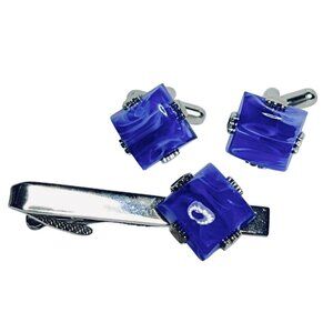 Vintage Cobalt Blue Cabochon Tie Bar & Cufflinks Set (6060)